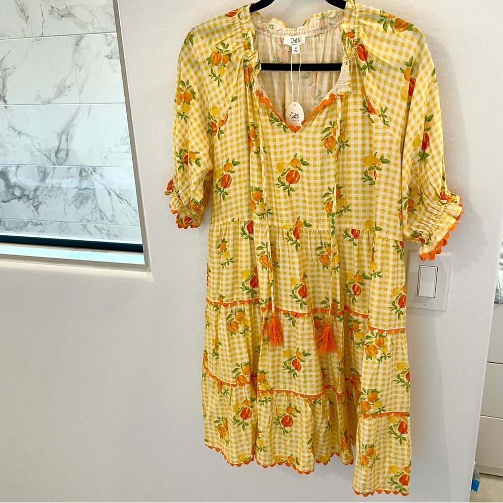 Oddi Yellow Gingham Dress with Floral Accents